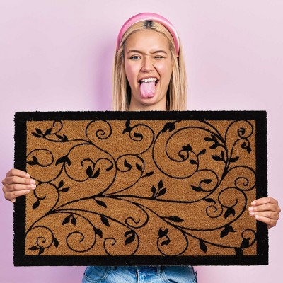 Natural Coir Outdoor Doormat with Black Leafy Vine Print
