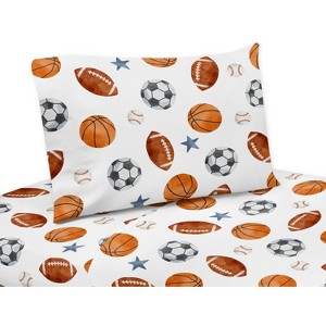Sweet Jojo Designs Boy Queen Sheet Set Watercolor Sports Theme Blue Brown and Orange 4pc - 1 of 4