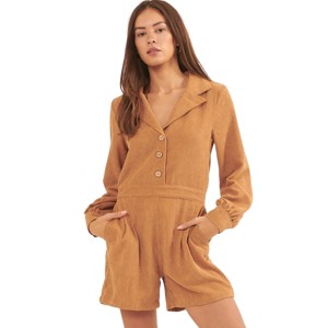 Slickblue Women's Woven Corduroy Romper with Lapel Collar and Elastic Waist - Cream/Taupe, Size S-L - 1 of 4