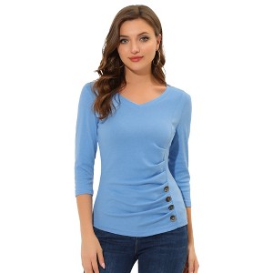 INSPIRE CHIC Women's V Neck 3/4 Sleeves Solid Knitted Buttons Decor Ruched Blouse - 1 of 4