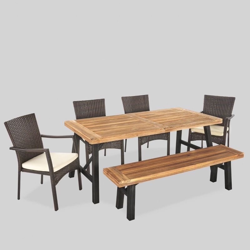 Horton 6pc Acacia Wood/Wicker Patio Dining Set - Brown/Cream - Christopher Knight Home, 3 of 7