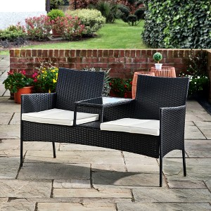 Teamson Home Outdoor Wicker Loveseat Bench with Table and Cushions, Black - 1 of 4