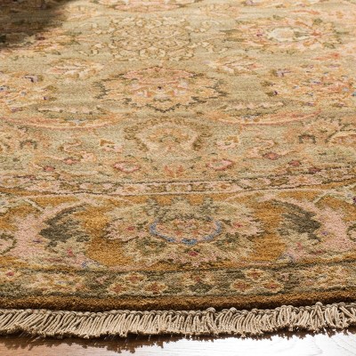 Hand-Knotted Light Green and Gold Wool Round Area Rug