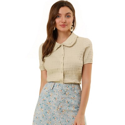 INSPIRE CHIC Women's Sweet Ruffle Trim Peter Pan Collar Button-Down Shirt