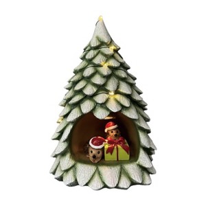 Transpac Resin LED Christmas Tree with Hedgehog and Gift Decorative Sculpture Green Tabletop Battery Operated Holiday Decor - 1 of 1