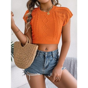 Women's Cropped Sweater Short Sleeve Crew Neck Cable Knit Pullovers Sweater Casual Crop Top - 1 of 4