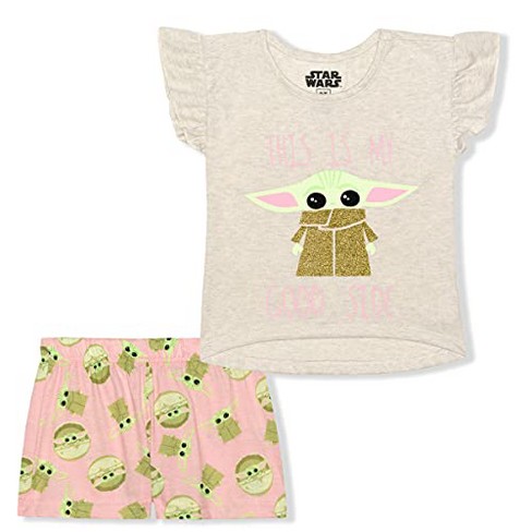 Star Wars The Mandalorian Girl s 2 Pack My Good Side Baby Yoda Ruffle Sleeve Tee Shirt and Short Set Beige Pink Size 2T