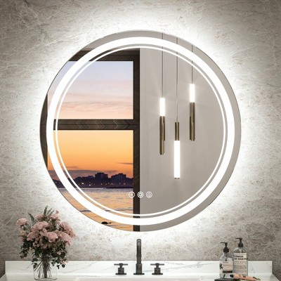 Keonjinn LED Round Bathroom Vanity Wall Mirror, 3 Color Temperatures Dimmable