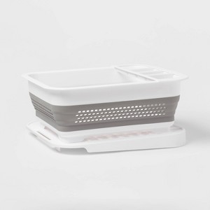 Plastic Collapsible Dish Rack with Drip Tray White - Brightroom™: Freestanding Drying Rack with Drain Board - 1 of 3