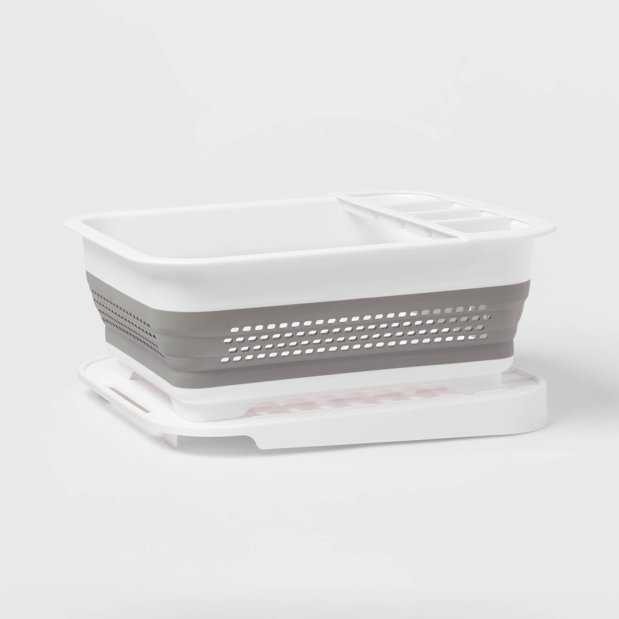 Plastic Collapsible Dish Rack with Drip Tray White - Brightroom™