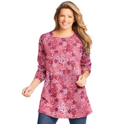 Woman Within Women's Plus Size Perfect Printed Long-Sleeve Crewneck Tunic