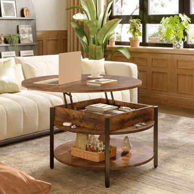 WOWLIVE 27"W Lift-Top Wood Coffee Table, Small Round Cocktail Table with Storage and Hidden Compartment for Living Room
