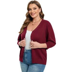 Women's Plus Size V-Neck Cardigan Casual 3/4 Sleeve Knit Button Down Open Front Sweater - 1 of 4