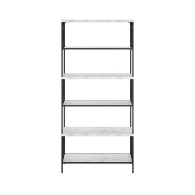 Ella Modern White Marble and Black Metal 5-Shelf Bookcase