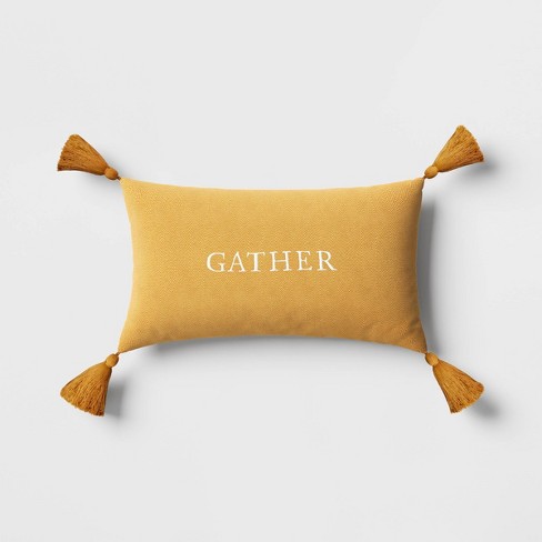 Gather Embroidered Herringbone Lumbar Throw Pillow Gold