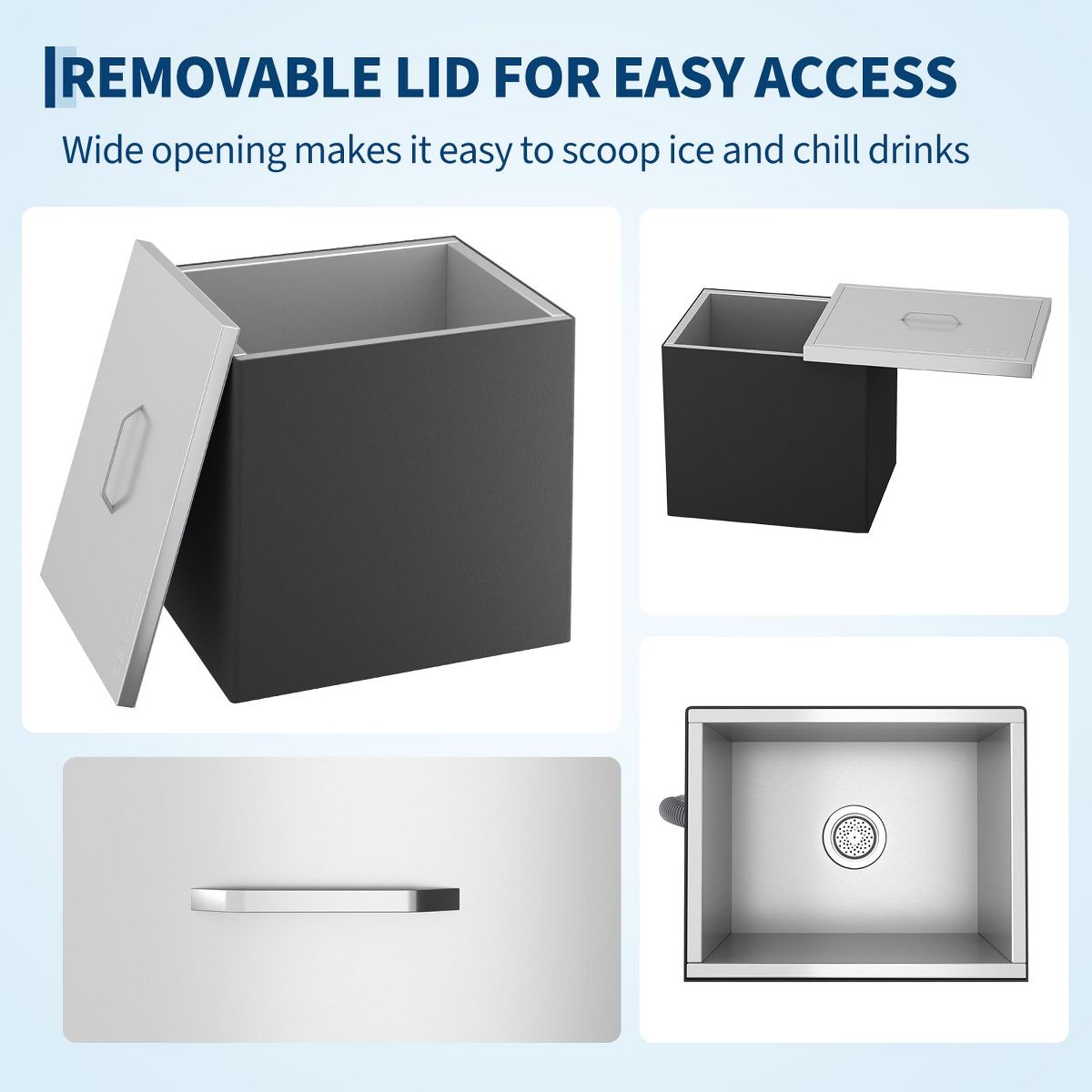 Garvee Stainless Steel Drop-In Ice Chest – Outdoor Kitchen Ice Cooler with Lid, Drain Pipe & Drain Plug for Cold Wine, Beer, Drinks, Beverages - thumbnail 8