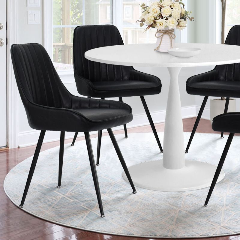 White Round Dining Table Set For 4,Round Pedestal Dining Table 35" With 4 Upholstered Faux Leather Dining Chair with Black Legs-The Pop Maison, 3 of 8