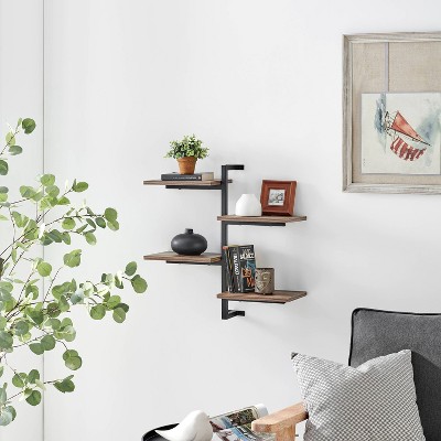 Black Iron and Wood 4-Tier Floating Wall Shelf