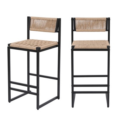 VYNXARIA Kitchen Bar Stools with Footrest Set of 2 Paper Rope Weave Dining Chairs Counter Height Barstool (Style B Black & Honey)