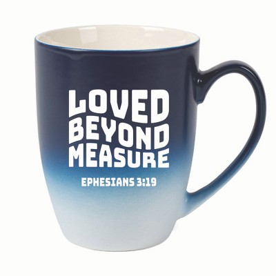 Elanze Designs Loved Beyond Measure Ephesians 3:19 Two Toned Ombre Matte 10 ounce New Bone China Coffee Tea Cup Mug, Navy Blue and White