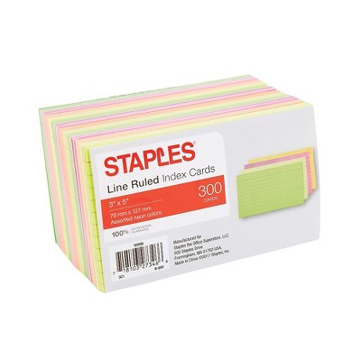 Staples 3" x 5" Line Ruled Assorted Neon Index Cards 300/Pack (50998) TR50998