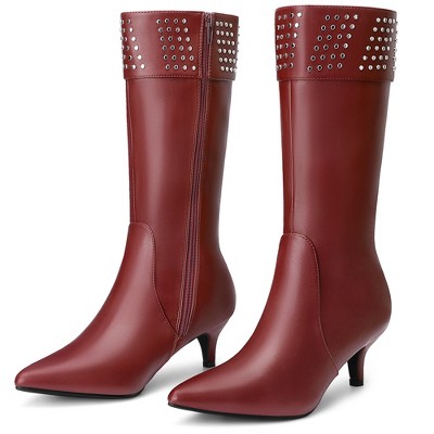 Allegra K Women's Pointed Toe Studded Spike Kitten Heels Knee High Boots