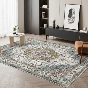 Vintage Area Rug Washable Medallion Floor Mats, Non-Slip Oriental Distressed Accent Rug, Non-Shedding Low Pile Indoor Carpet, Easy Cleaning - 1 of 4