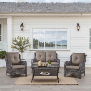 Buenhomino 4 Pieces Patio Conversation Set Outdoor Rattan Patio Furniture Set Wicker Chair with Thick Cushion and Glass Table for Patio Backyard Porch - 1 of 4