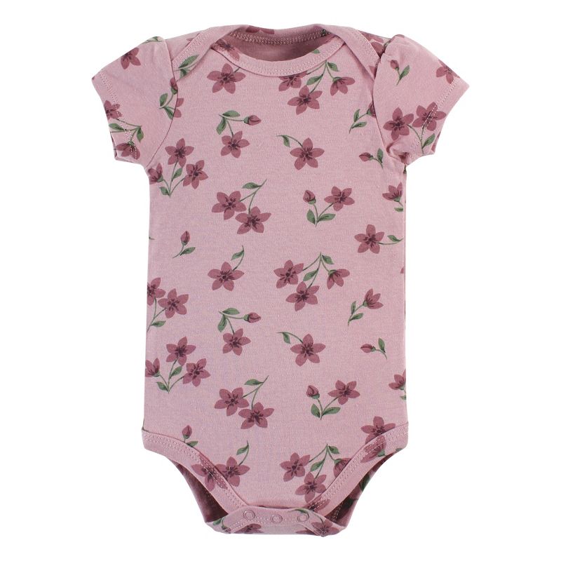Hudson Baby Infant Girl Cotton Bodysuits, Plum Wildflower 5 Pack, 4 of 8