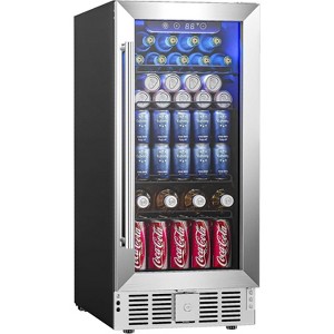 EUHOMY 15" Under Counter 127 Cans Cooler in Stainless Steel, Glass Door - 1 of 4