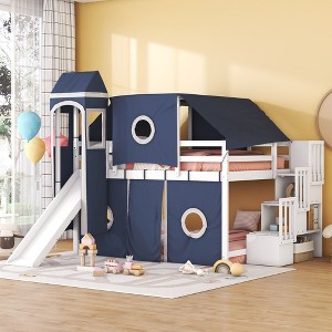 NicBex Full Size Bunk Bed Roof Shape Loft Bed Pine Bed Frame with Tower, Tent, Storage Stairs, Slide and Guardrail, No Box Spring Required - 1 of 4