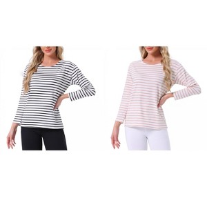 INSPIRE CHIC Women's 2 Pcs Cotton Contrast Stripe Pullover Top Long-Sleeve Lounge Pajama Blouse - 1 of 4