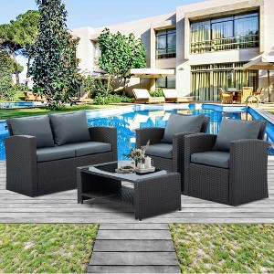 ELJGET 4-Piece Outdoor Patio Furniture Sets, Wicker Conversation Set for Porch Deck, Rattan Sofa Chair with Cushion - 1 of 4