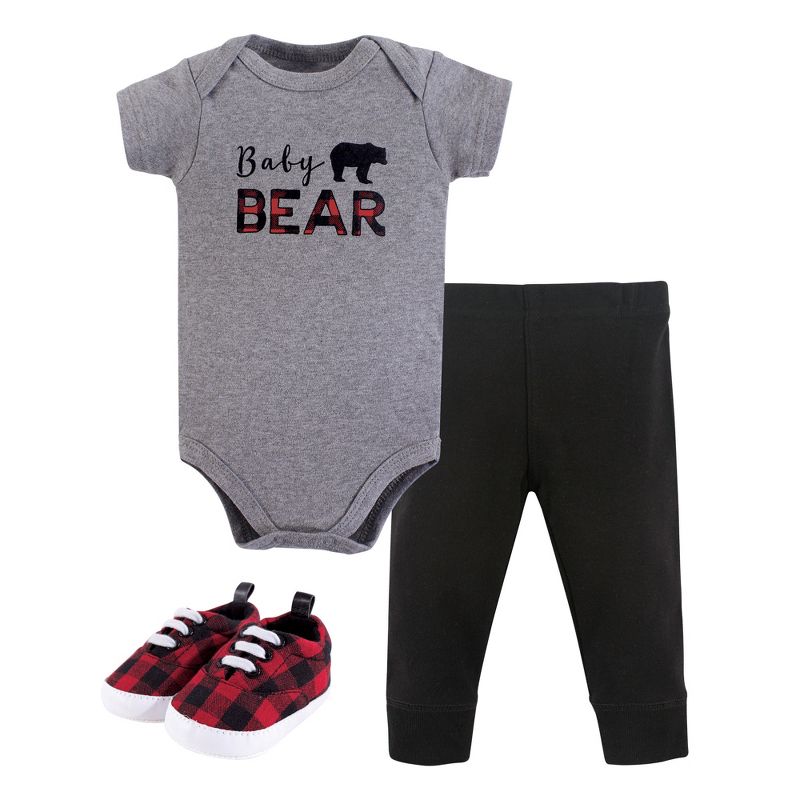 Little Treasure Baby Boy Cotton Bodysuit, Pant and Shoe 3pc Set, Baby Bear Short-Sleeve, 1 of 2