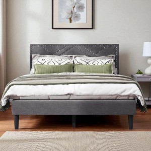 Queen Size Upholstered Platform Bed Frame with Linen Headboard, Storage Space, Under Bed Storage, No Box Spring Needed, 485 lbs Capacity - 1 of 4