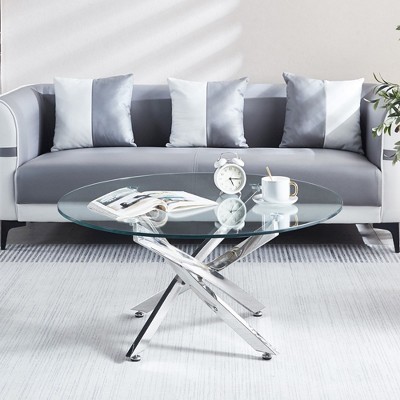 Round Glass Coffee Table, Clear Coffee Table With Round Tempered Glass Top, Round Supports, Stainless Steel Feet, Modern End Table
