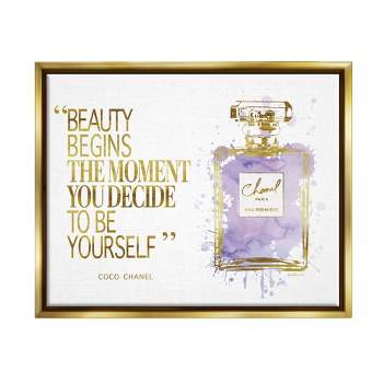Stupell Industries Beauty Begins Designer Quote Purple Glam Perfume Bottle Gray Floater Framed Canvas Wall Art, 16 x 20