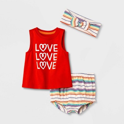 Image of Baby Girls' 3pc 'Love' Top & Bottom Set with Headband - Cat & Jack™ Red 3-6M