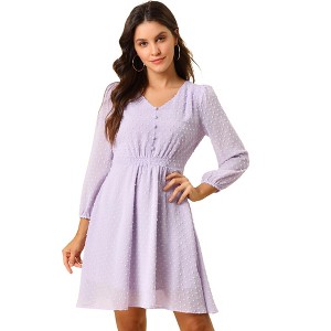 Allegra K Women's Swiss Dots Elastic Waist 3/4 Sleeve A-line Solid Flowy Chiffon Dress - 1 of 4