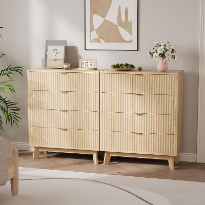4 Drawer Dresser Set of 2, 38.74 Inch Tall Mid Century Modern Dresser Drawers, Waveform Fluted Side Table, Wood Drawer Organizer