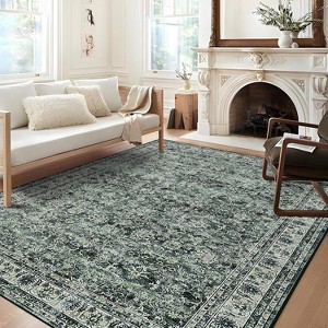 Acekool 5x7 Washable Area Rug, Non-Slip, Ultra Thin Vintage Floral Farmhouse Carpet, Soft Stain Resistant Accent Rug for Living Room, Taupe - 1 of 4