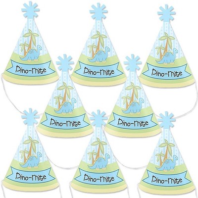 Big Dot of Happiness Baby Boy Dinosaur - Mini Cone Baby Shower or Birthday Party Hats - Small Little Party Hats - Set of 8