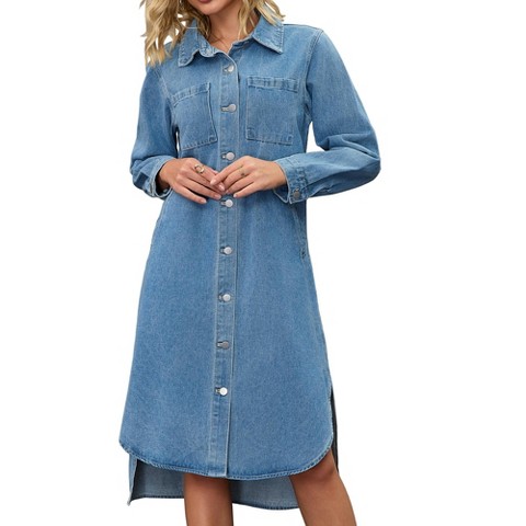 Женские платья INSPIRE CHIC Women's Denim Button Down Curved Hem Fall Long Sleeve Midi Jean Shirt Dress Light Blue Large