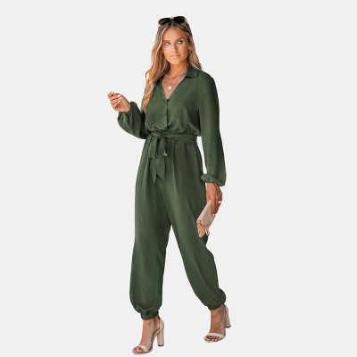 Women's Belted Long Sleeve Jogger Jumpsuits - Cupshe-M-Green