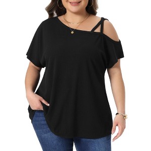 Women's Plus Size Criss Cross Off One Shoulder Short Sleeve Boat Neck Summer Casual Blouses - Agnes Orinda - 1 of 4