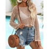 Women's Knit Top Round Neck Long Sleeve Short Crop Shirt Mesh Crochet Cover Ups - 4 of 4