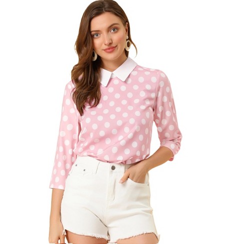 Allegra K Women's Polka Dots Contrast Peter Pan Collar Top 3/4 Sleeves  Blouse Pink X-Small