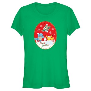 Juniors Womens Pokemon Christmas Happy Holidays Patch T-Shirt - 1 of 4