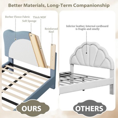 Upholstered Bed Frame for Kids - with Adjustable Chic Scallop Headboard, Cute Velvet Princess Platform Bed for Girls/Kids, Solid Wood Slats Support