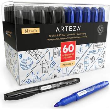 Arteza Permanent Marker, Black & Blue, Fine Tip, Waterproof - 60 Pack